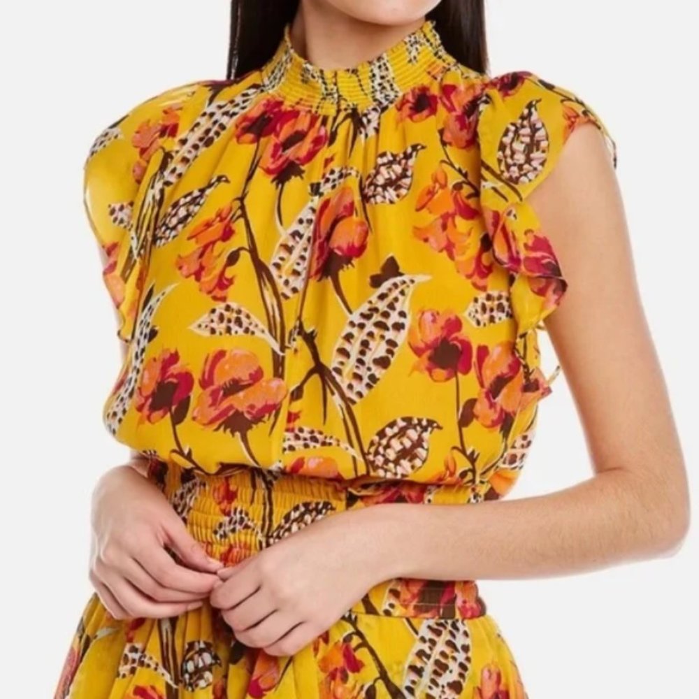 NWT ALC Haley yellow floral‎ flutter sleeve silk blouse 10